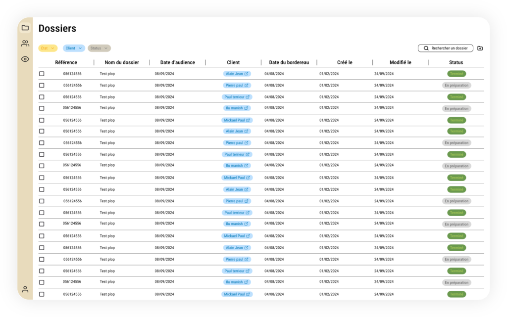 Interface LexiWork : tableau de gestion des dossiers et des bordereaux de pièces