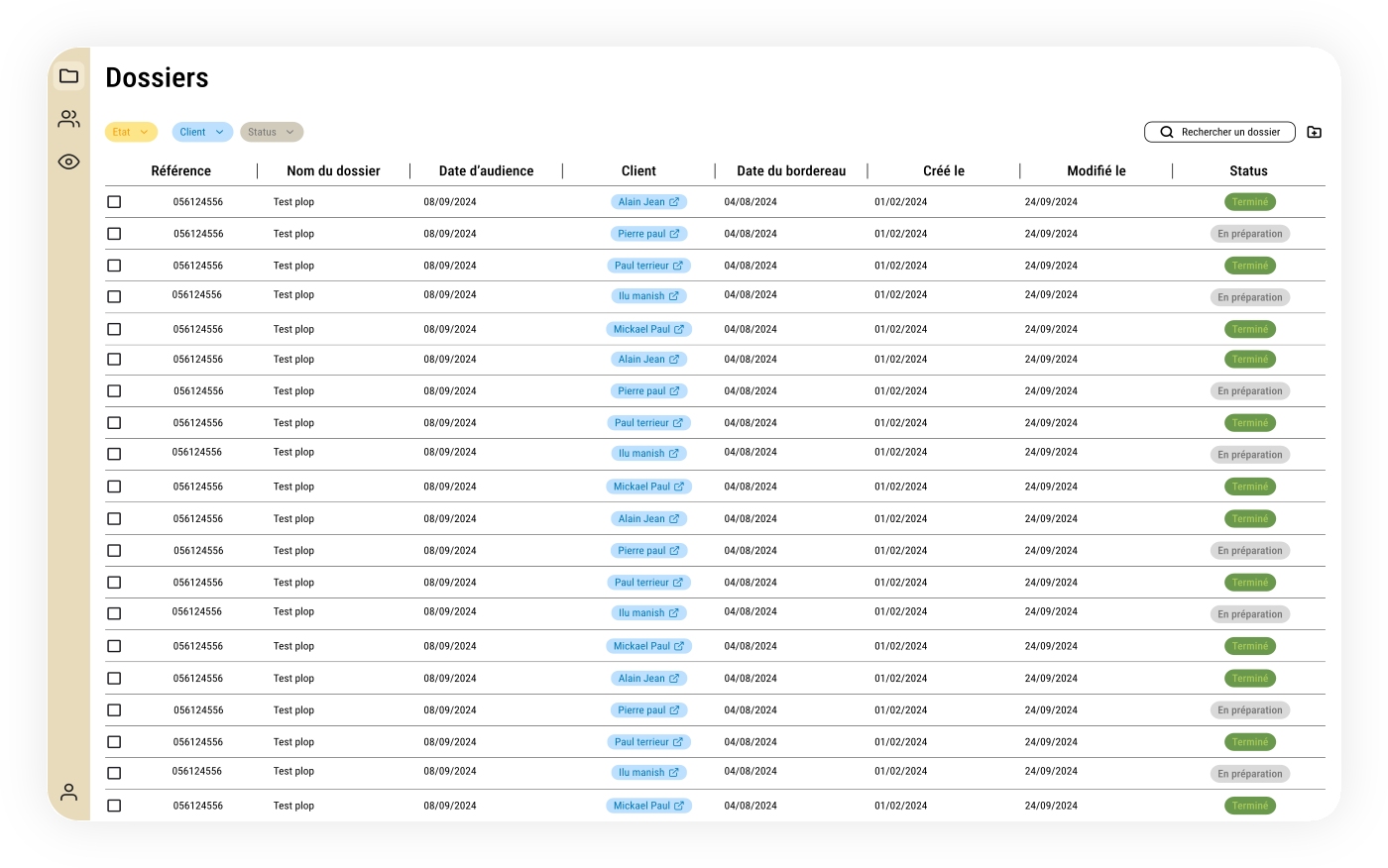 Interface LexiWork : tableau de gestion des dossiers et des bordereaux de pièces